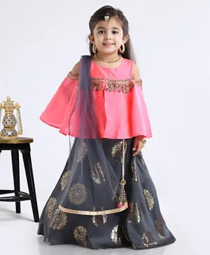 Babyhug Cold Shoulder Embellished Choli & Designer Lehenga With Dupatta Set - Pink Grey