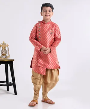 Babyhug Full Sleeves Kurta & Peshawari Set Abstract Print - Red Golden