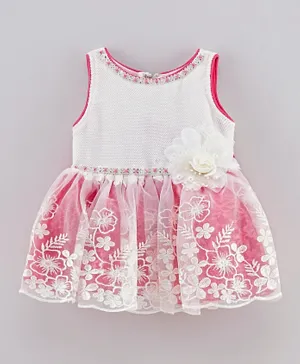Babyhug Sleeveless Party Wear Frock Floral Embroidery - Peach