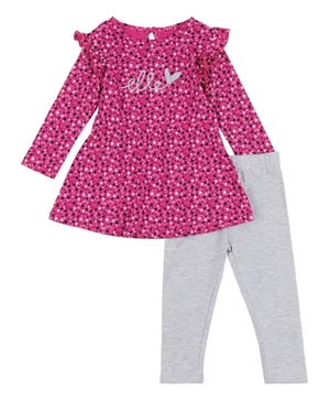Elle Heart Frill Dress & Leggings Set - Pink & Grey