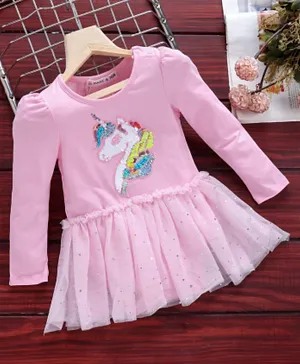 Mark & Mia Full Sleeves Frock Style Onesie Unicorn Sequin Patch - Pink