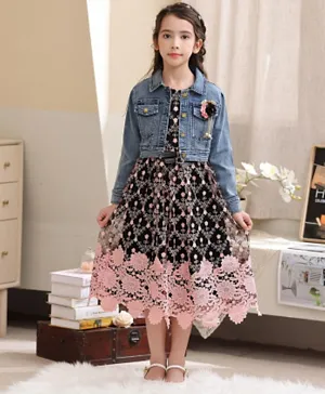 Le Crystal Floral Lace Embroidery Dress With Jacket - Black/Blue