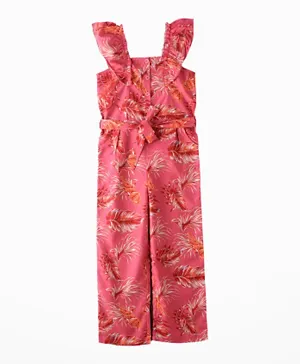 Jelliene Frill Detailed All Over Floral Print Tie Belt Jumpsuit - Pink