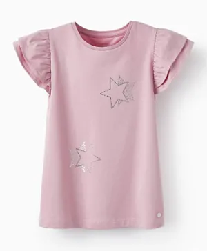 Zippy Stars Print Short Ruffled Sleeves Cotton Jersey T-Shirt - Lilac