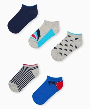 Zippy 5 Pack Shark Print & Striped Ankle Socks - Multicolour