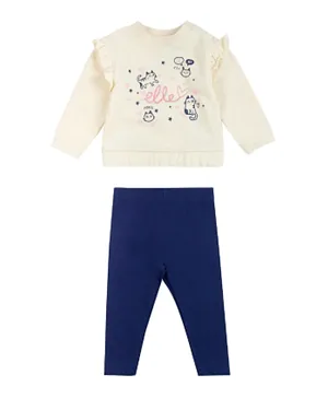 Elle Cat Graphic Crew Neck Sweatshirt and Leggings Set - Cream & Blue