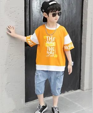 Babyqlo Learn and Earn T-Shirt & Denim Shorts Set - Orange & Blue