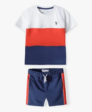 Minoti Deer Embroidered Color Block T-Shirt And Fleece Shorts Set - Multicolor