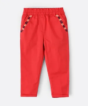 Jelliene Elastic Waist Embroidered Pant - Red