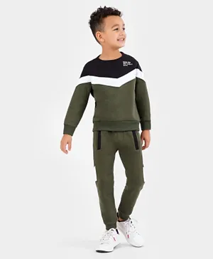 Minoti Color Block  Fleece Sweatshirt with Joggers Set - Khaki Green