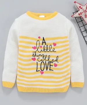 Babyhug Full Sleeves Stripe Sweater Text & Heart Embroidery - White Yellow