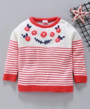Babyhug Full Sleeves Stripe Sweater Floral Embroidery - Off White Coral