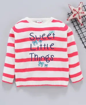 Babyhug Full Sleeves Striped Sweater Sweet Little Things Print - White Pink