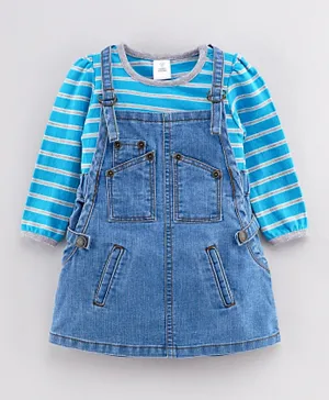 ToffyHouse Dungaree Style Frock With Full Sleeves Inner Tee - Blue