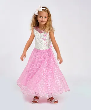 Babyhug Sleeveless Party Wear Frock Floral Applique - Pink