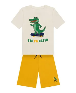 GreenTreat Organic Cotton Crocodile Graphic T-Shirt & Shorts Set - White & Yellow