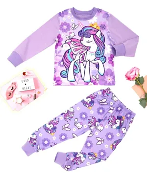 Babyqlo Cotton Spandex Unicorn Glow-in-the-Dark Full Sleeves Graphic T-Shirt & All Over Printed Pyjama Set - Purple