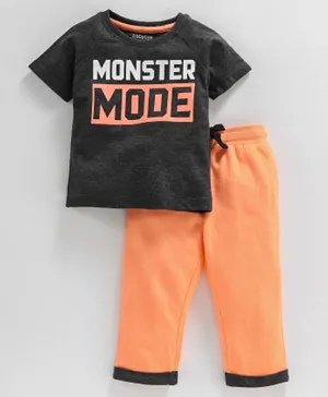 Babyoye Half Sleeves Monster Print T-shirt & Bottom Set - Grey Orange
