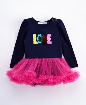 Mark & Mia Full Sleeves Frock Style Onesie Sequin Love Patch - Navy Blue Pink