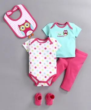 Kookie Kids Half Sleeves Onesie with Tee & Pajamas Owl Embroidery - Pink Green