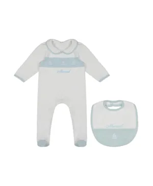 Little IA Organic Cotton Sailboat Embroidered Sleep Suit & Bib Set - White & Blue
