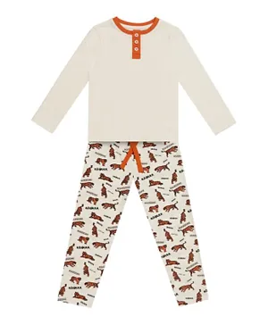 GreenTreat Organic Cotton Solid T-Shirt & All Over Tigers Printed Pyjama Set - Cream