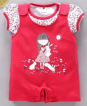 ToffyHouse Dungaree style Romper with Puff Sleeves Top Doll Print - Red White