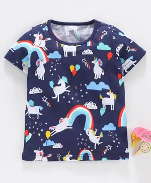 Kookie Kids Half Sleeves Tee Unicorn Print - Navy Blue