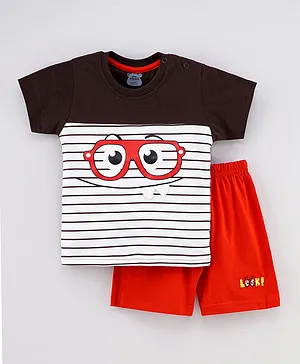 Mini Taurus Half Sleeves Stripe Tee & Shorts Animal Design -Brown Orange