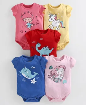 Babyoye Cotton Short Sleeves Onesies Animal & Mermaid Print Pack of 5 - Multicolor