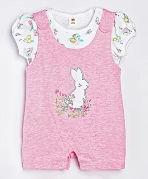 ToffyHouse Dungaree Style Romper with Cap Sleeves Tee Bunny Embroidered - Pink White