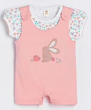 ToffyHouse Dungaree Style Romper with Short Sleeves Inner Tee Bunny Patch - Peach