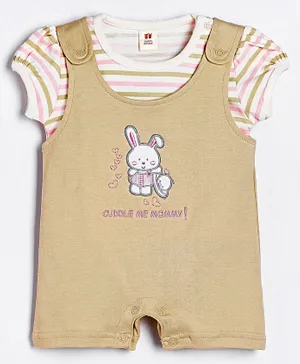 ToffyHouse Dungaree Style Romper with Short Sleeves Striped Tee Bunny Embroidered - Grey