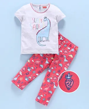Babyhug Half Sleeves Night Suit Dino Print - Grey & Pink