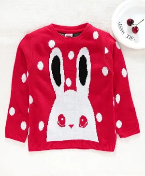 Babyhug Full Sleeves Polka Dotted Sweater Bunny Print - Red