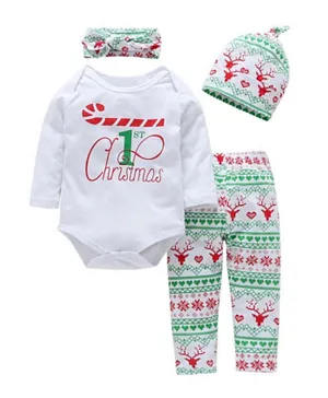 Babyqlo 4Pc First Christmas Bodysuit & Pants Set With Cap & Headband - White