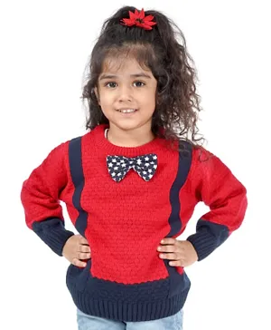 Babyhug Full Sleeves Sweater Suspender Design with Bow Applique - Navy Red