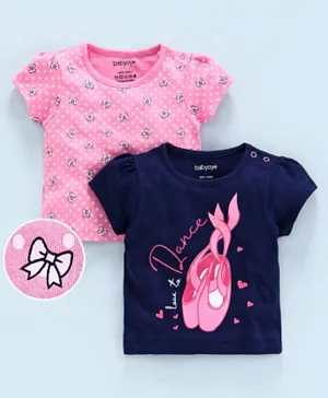 Babyoye Short Sleeves Top Bow & Text Print Pack of 2 - Pink Blue