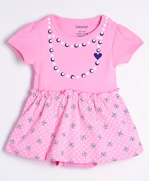 Babyoye Cotton Half Sleeves Frock Style Onsie Bow Print - Pink