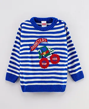 Babyhug Full Sleeves Striped Sweater Car Patch  - Blue