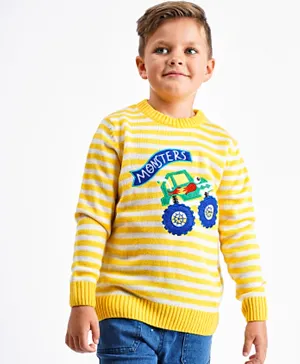 Babyhug Full Sleeves Stripe Sweater Vehicle Embroidery - Yellow White