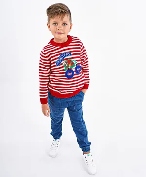 Babyhug Full Sleeves Stripe Sweater Vehicle Embroidery - Red White