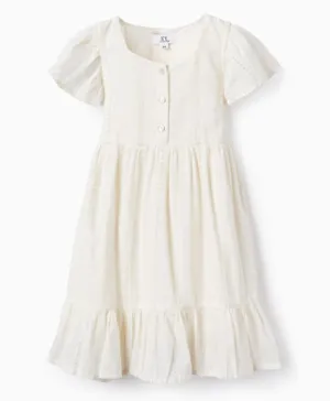 Zippy Cotton Dress with Embroidery - White