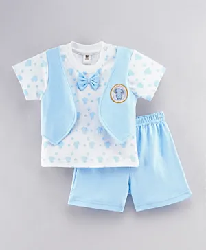 ToffyHouse Party Wear Half Sleeves Tee with Attached Waistcoat & Shorts Elephant Patch & Print - Light Blue White