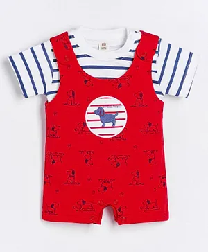 ToffyHouse Dungaree Style Romper with Half Sleeves Striped Inner Tee Puppy Print - Red