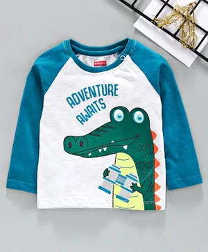 Babyhug Full Raglan Sleeves Tee Crocodile Print - Blue White