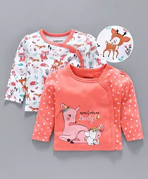 Babyoye Cotton Half Sleeves Jhabla Animal Print Pack of 2 - Peach White