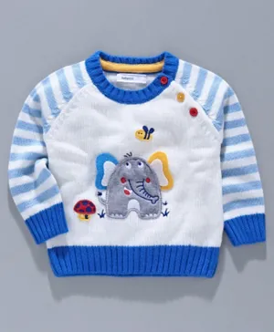 Babyoye Acrylic Full Sleeves Sweater Elephant Patch - White Blue