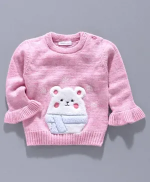 Babyoye Circular Flounce Sleeves Sweater Bear Embroidery - Pink
