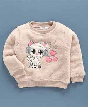 Babyoye Brushed Fleece Full Sleeves Sweatshirt Kitty Patch - Beige